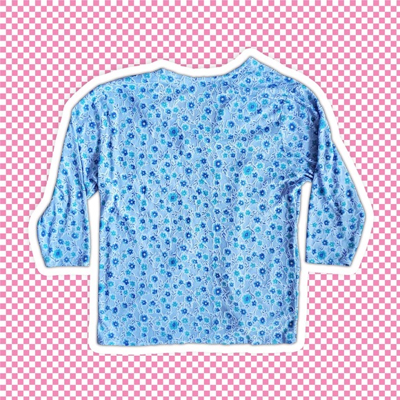 VTG 70s Blue Floral Chain Pattern Open Front Mesh Blouse Handmade Sz L - Picture 2 of 7